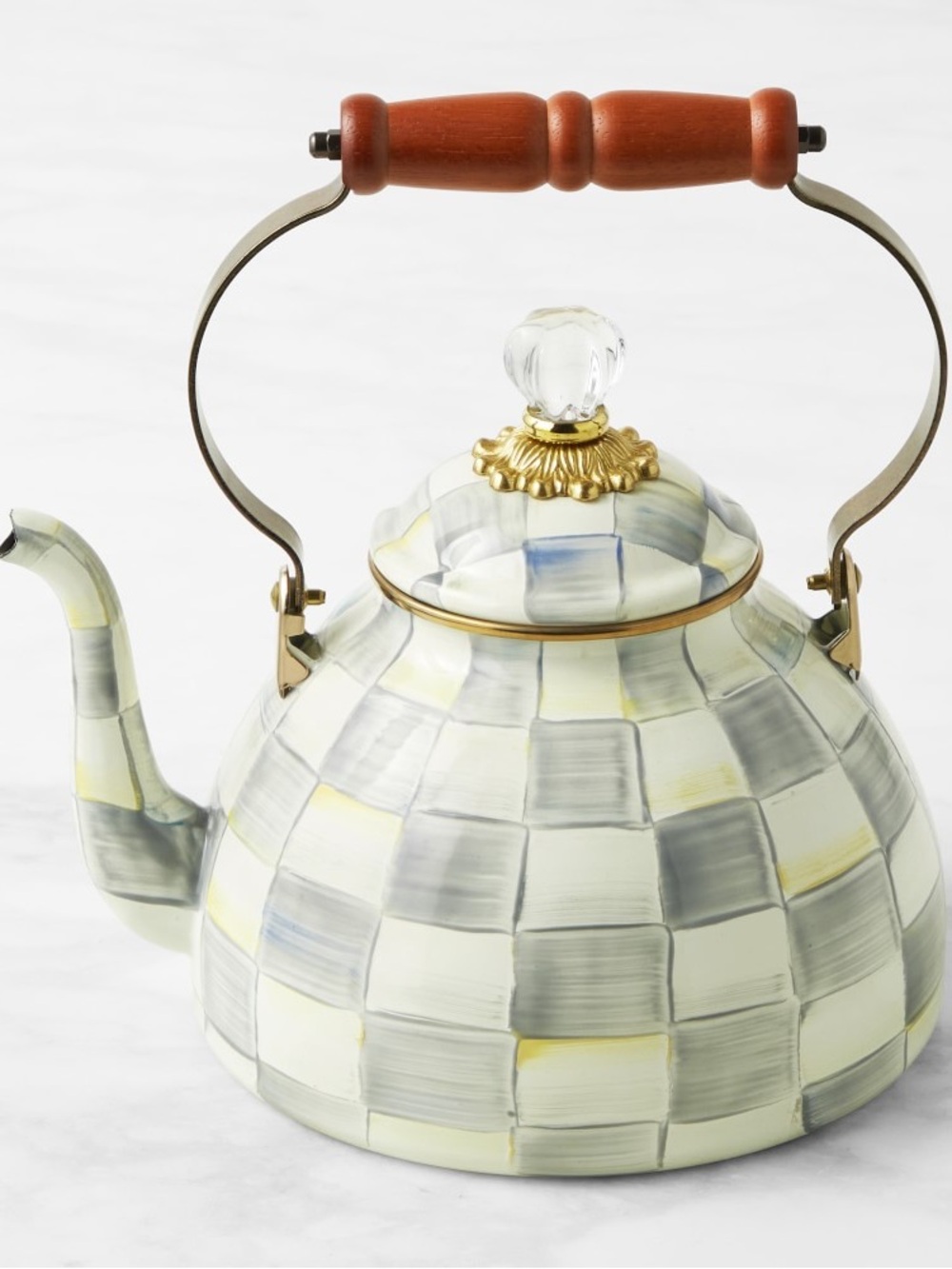 MacKenzie-Childs Yellow, Sterling Check Teapot with Wood Handle